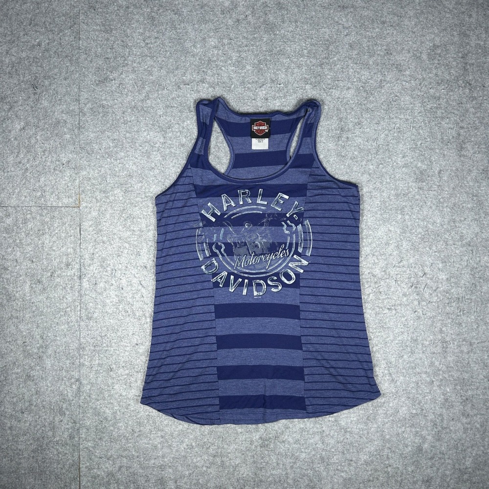 Harley-Davidson Tank Top Womens Size S Blue Striped Premont Quebec Canada Biker